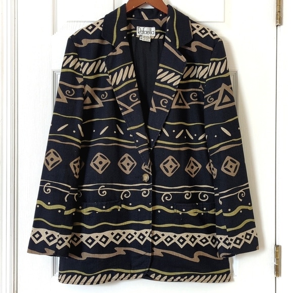 Rafaella 80's Vintage Funky Printed Linen Blend Boxy Blazer Jacket Black Tan 8 - Picture 1 of 12